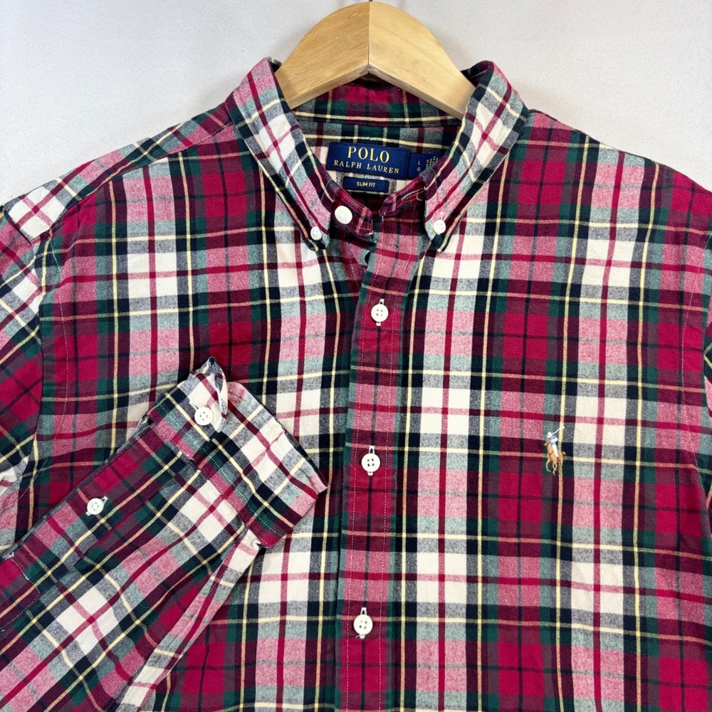 Polo Ralph Lauren Mens Large Slim Fit Red Green Plaid Button Down Preppy Holiday